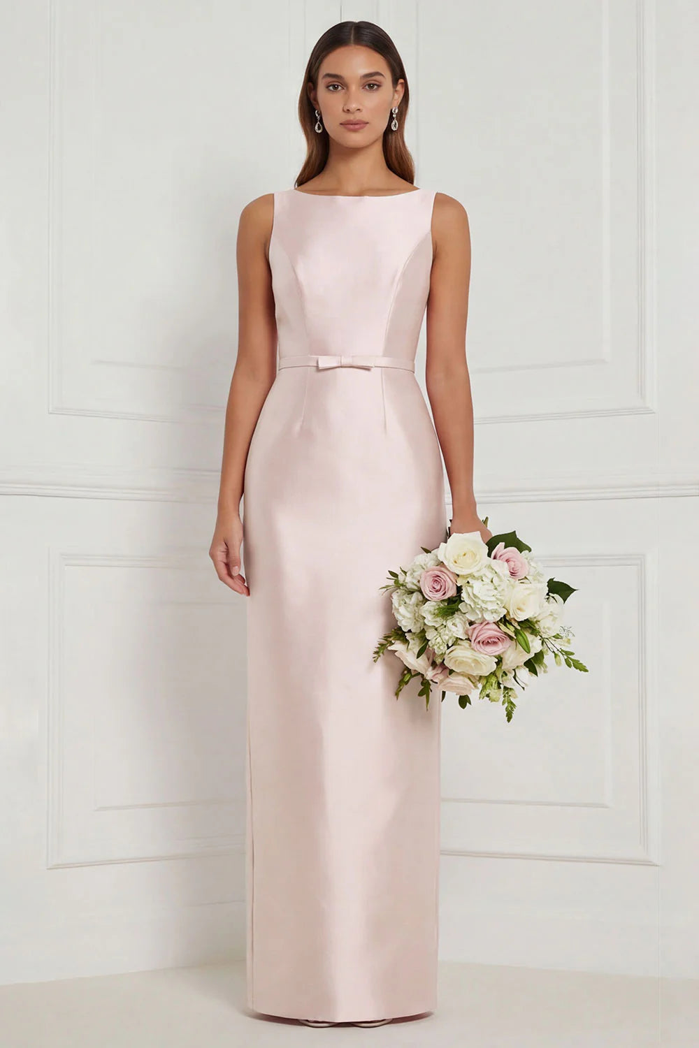 Sage Green Sheath Bateau Neck Satin Bridesmaid Dress