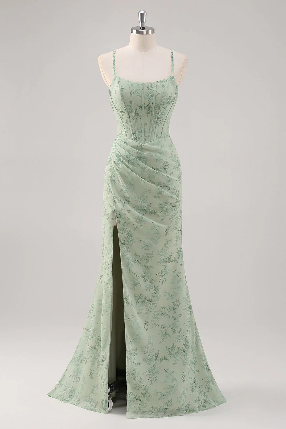 Green Floral Mermaid Lace Up Back Corset Long Bridesmaid Dress with Slit