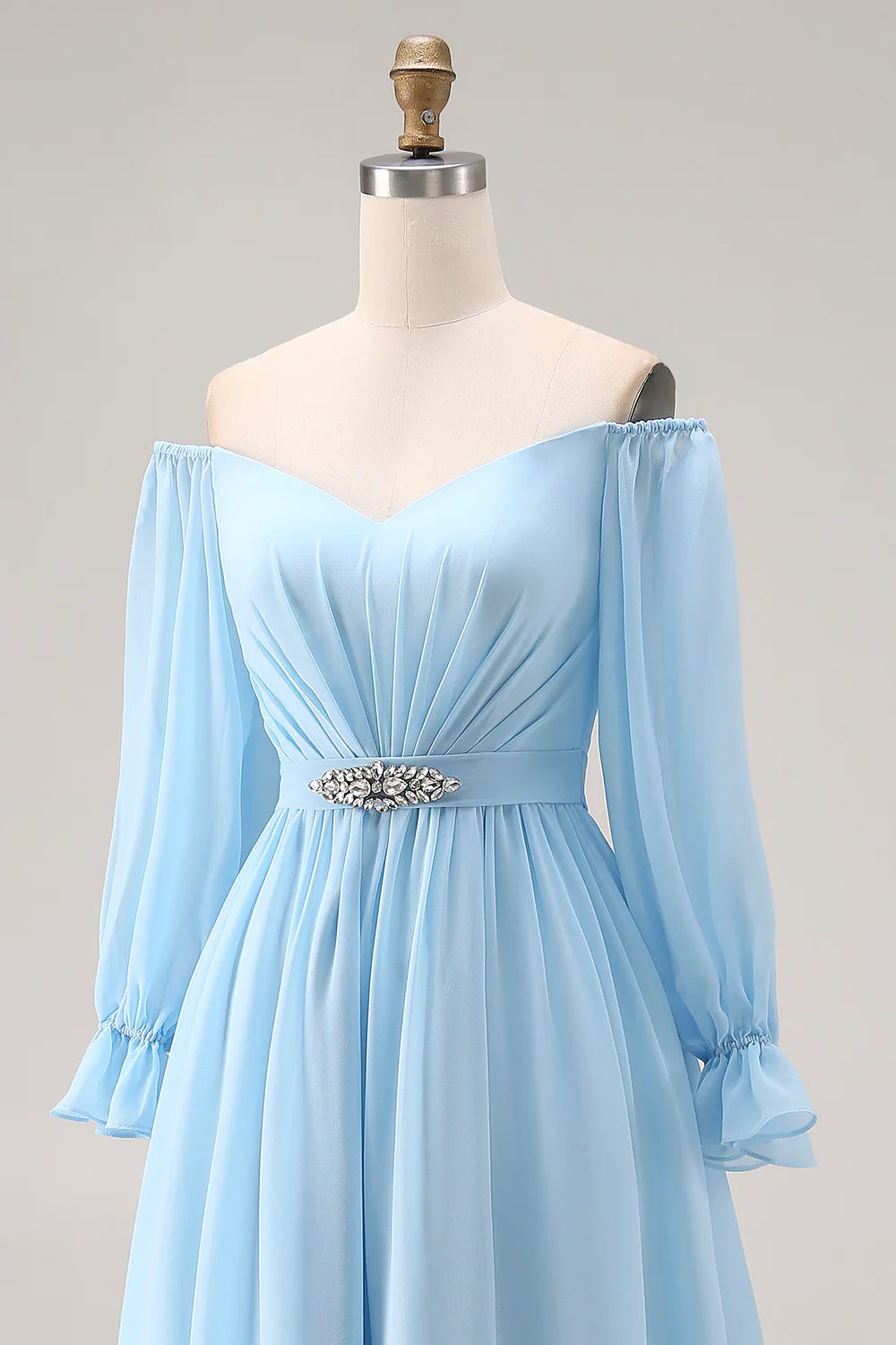 Off the Shoulder Sky Blue A Line Long Sleeve Bridesmaid Dress with Slit