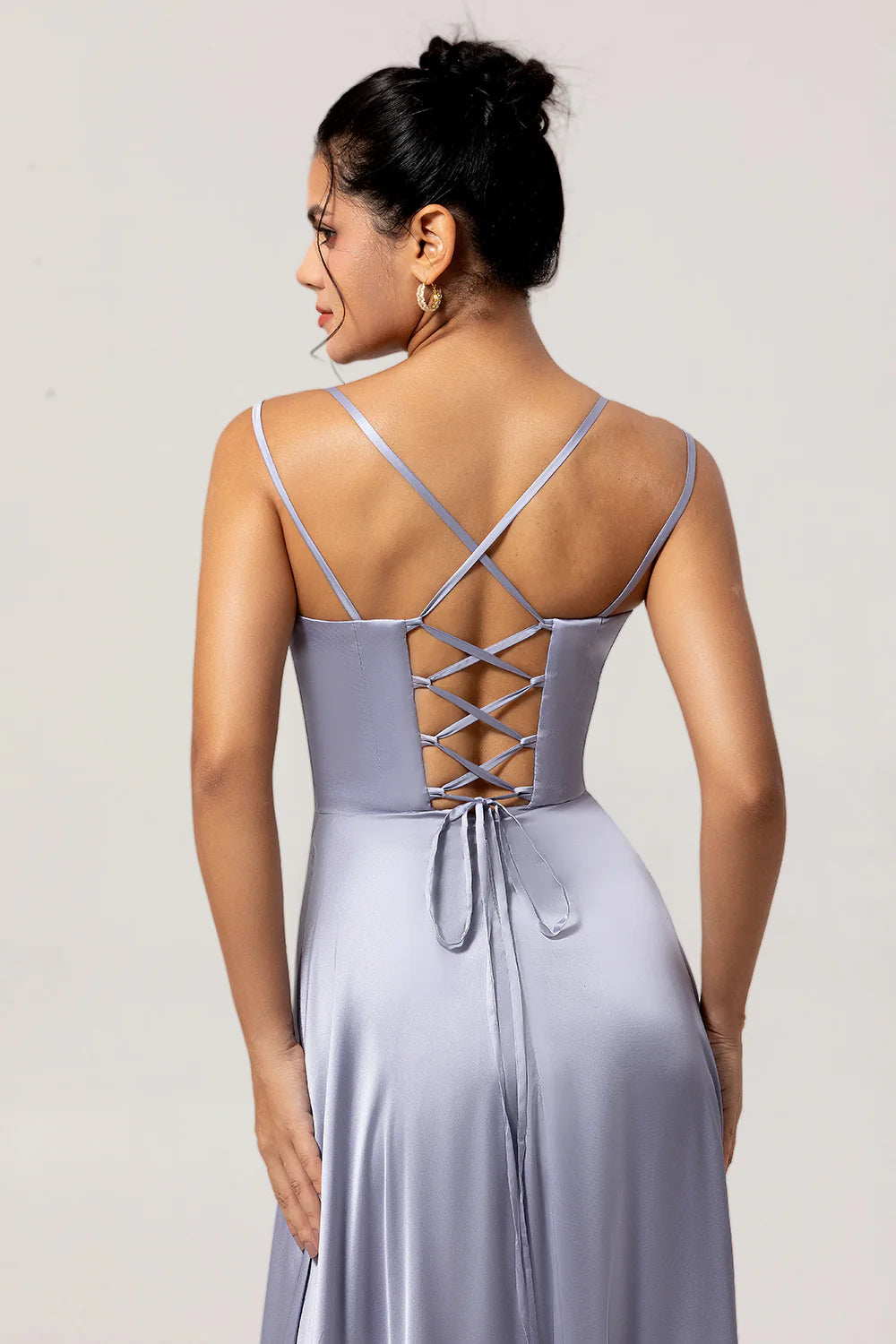 Dusty Blue A Line Spaghetti Straps Satin Long Bridesmaid Dress with Lace Up Back