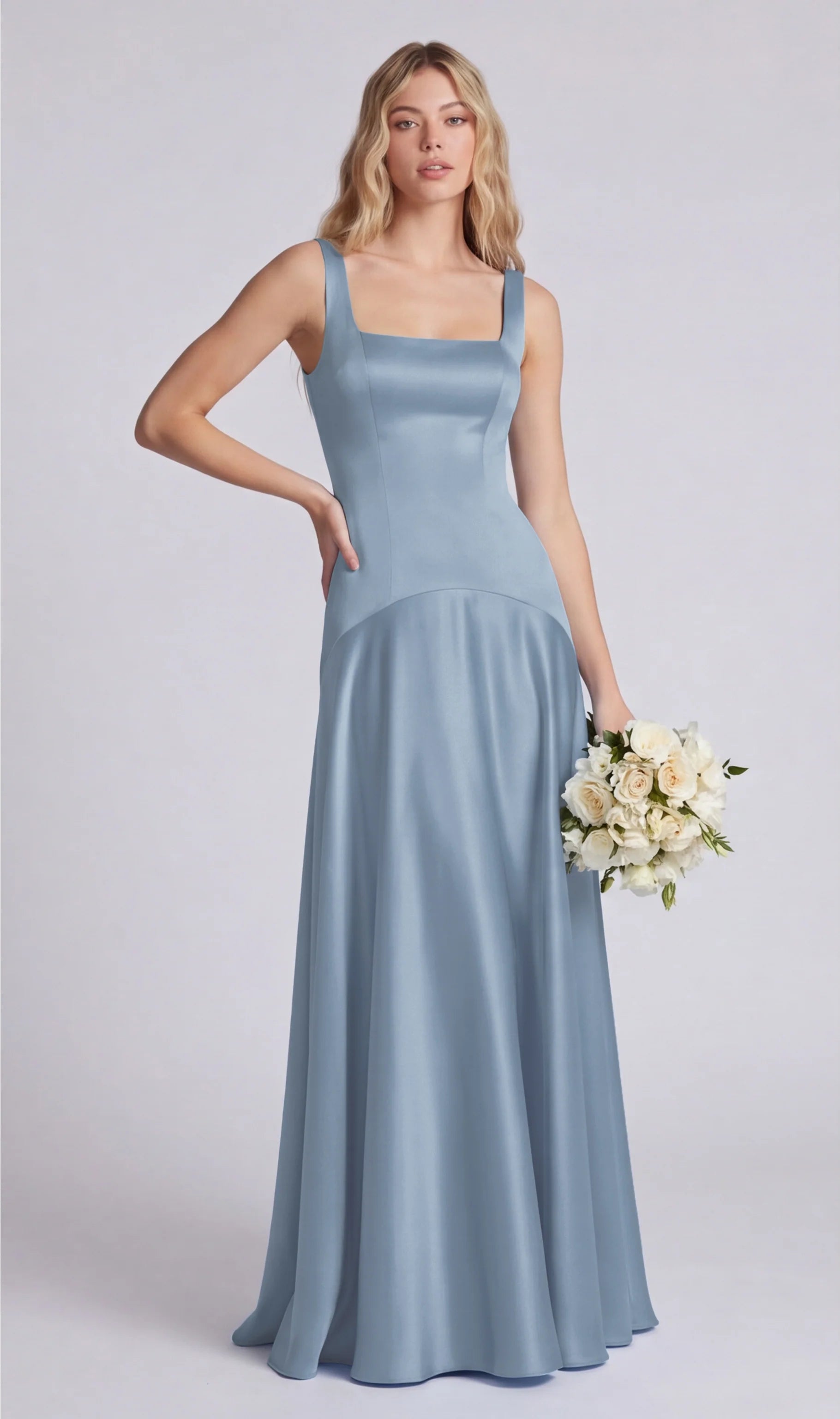Eucalyptus Square Neck A Line Satin Long Bridesmaid Dress