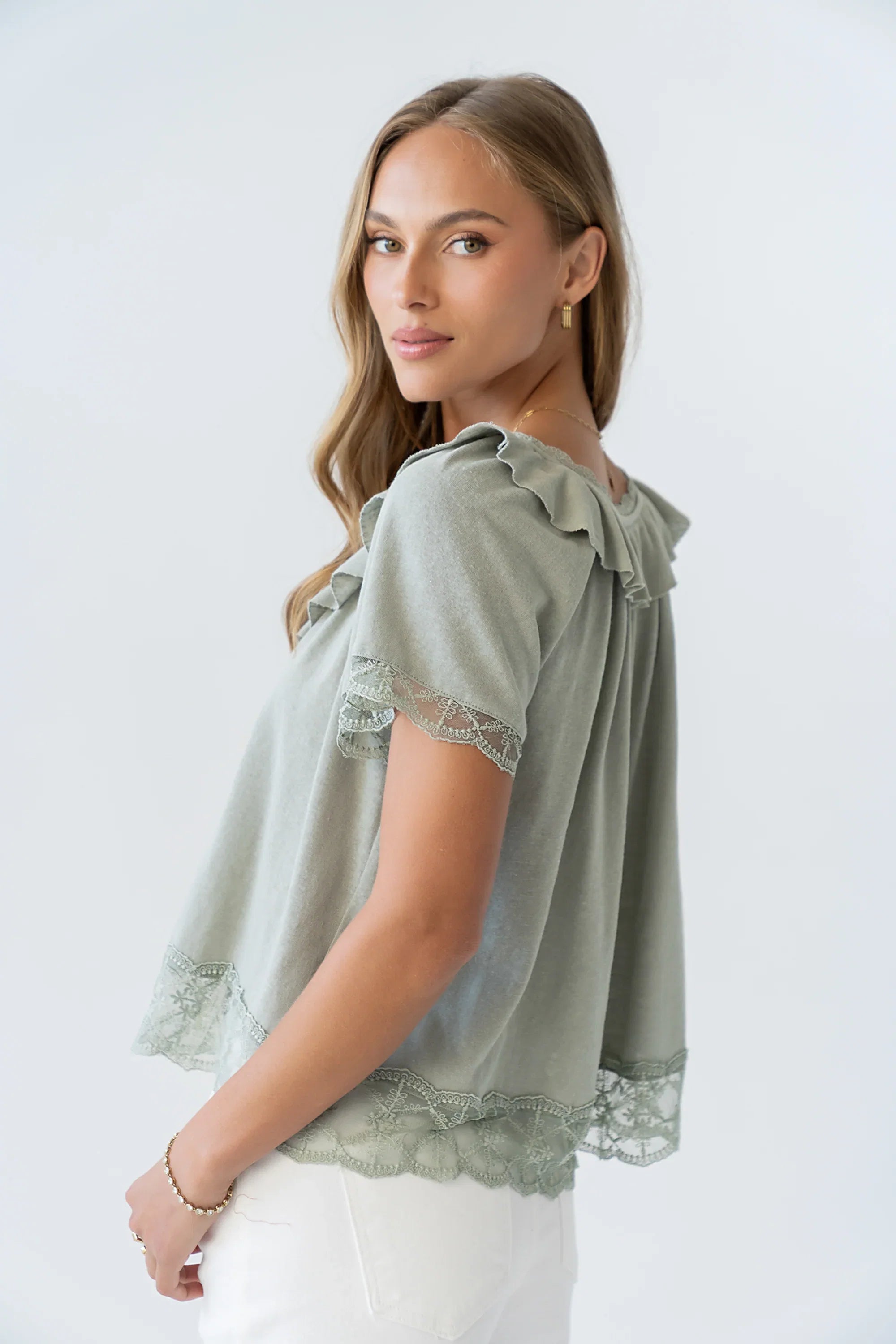 Lilian Lace Trim Top in Sage