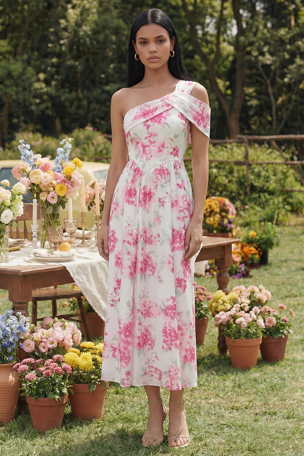 White Floral One Shoulder A Line Midi Wedding Guest Dress