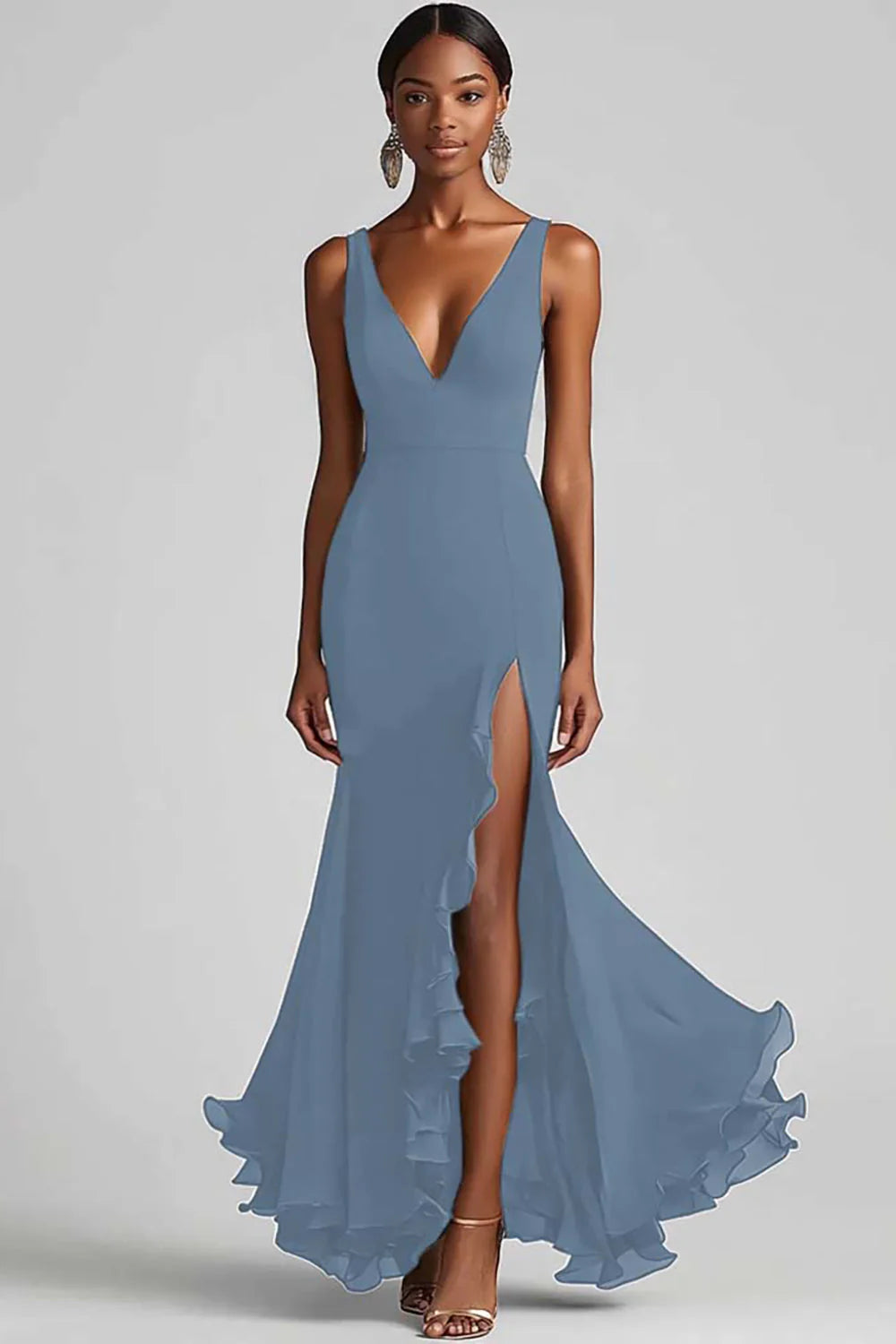 Black V Neck Ruffled Mermaid Formal Dress with Slit