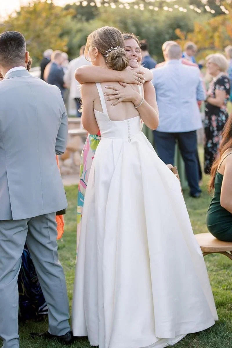 Simple A Line Square Neck Satin Wedding Dress