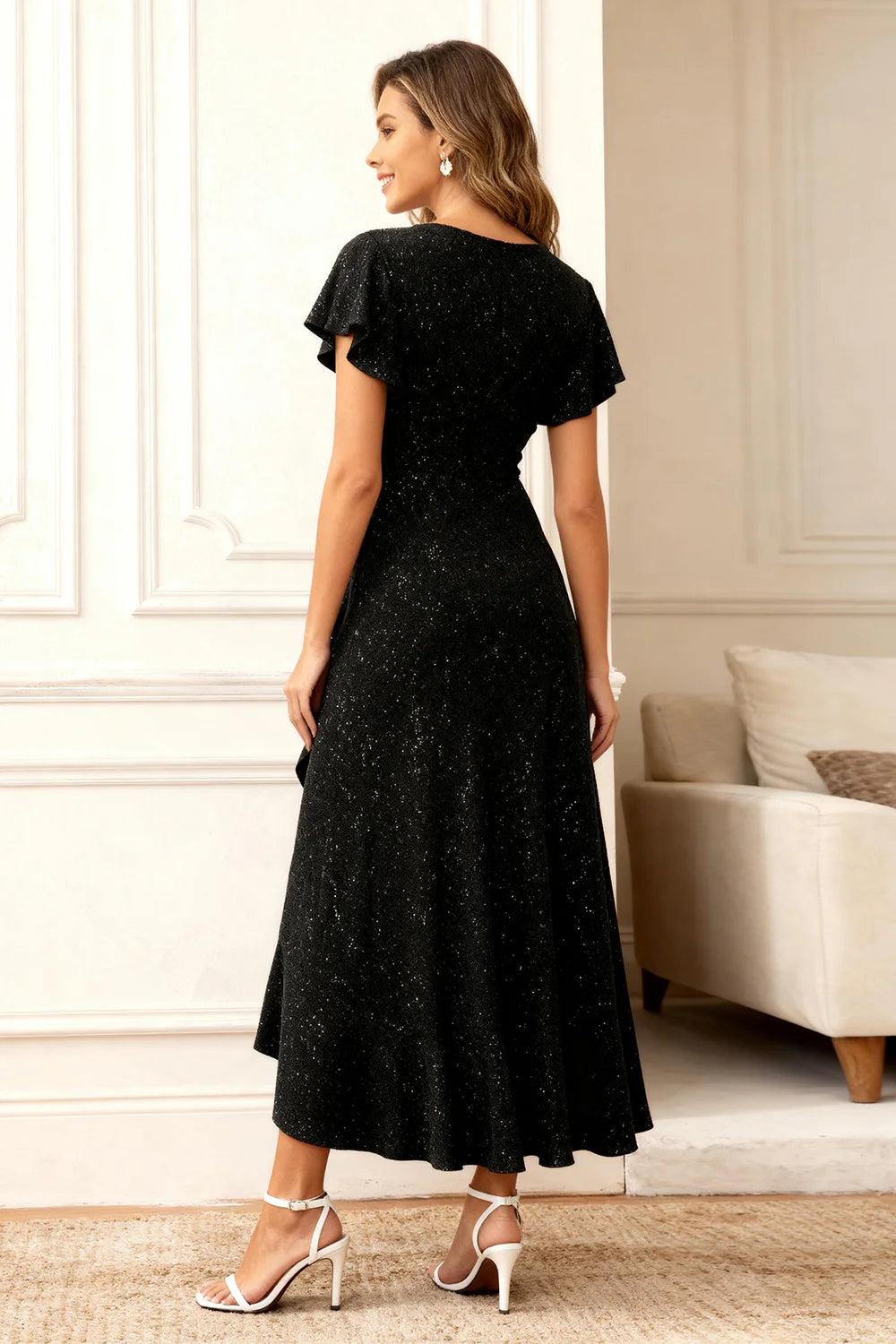 Glitter Black A Line Round Neck Ruffled Holiday Party Dress