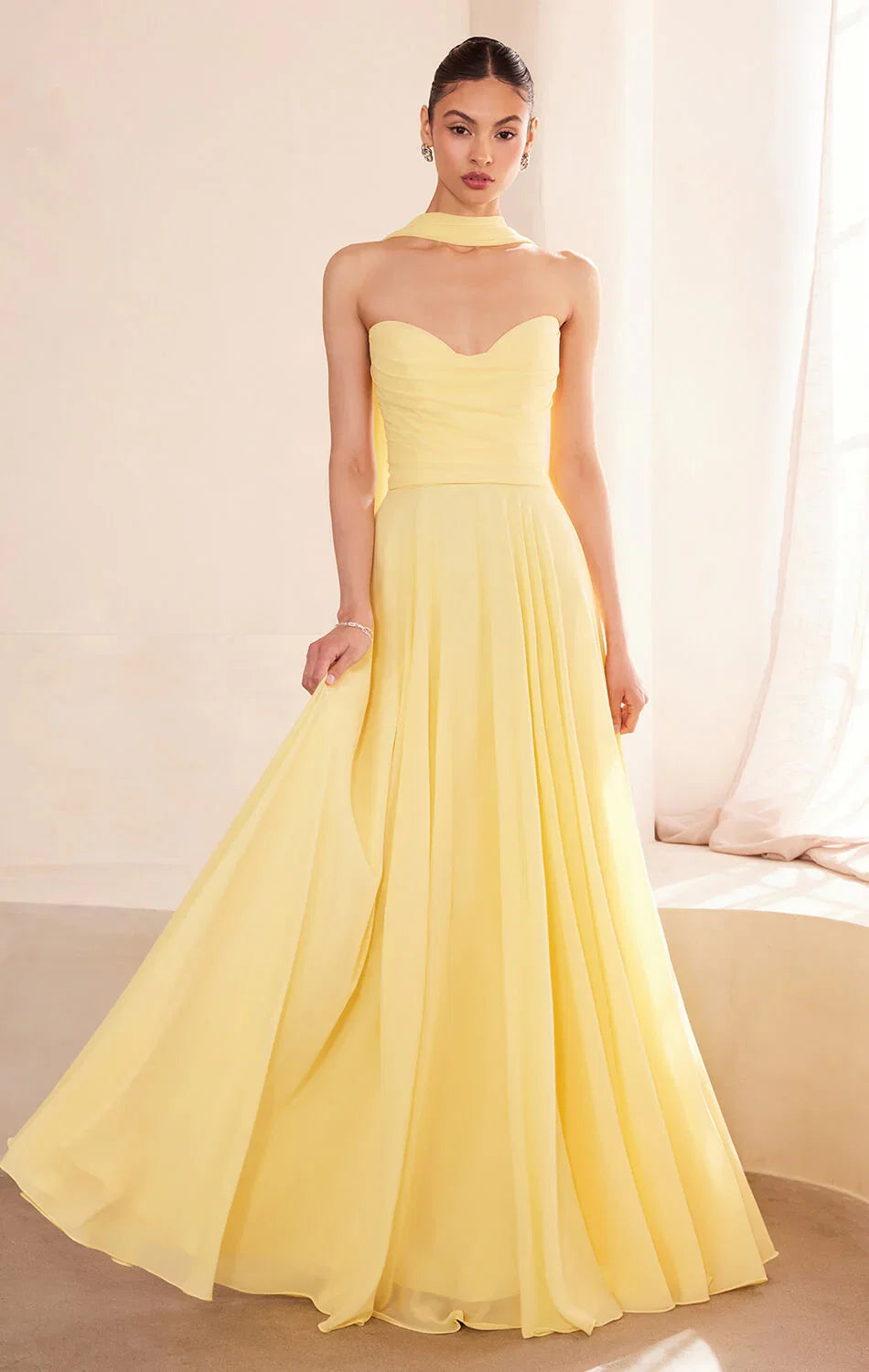 Ella Gown A line Strapless Chiffon Dress With Scarf