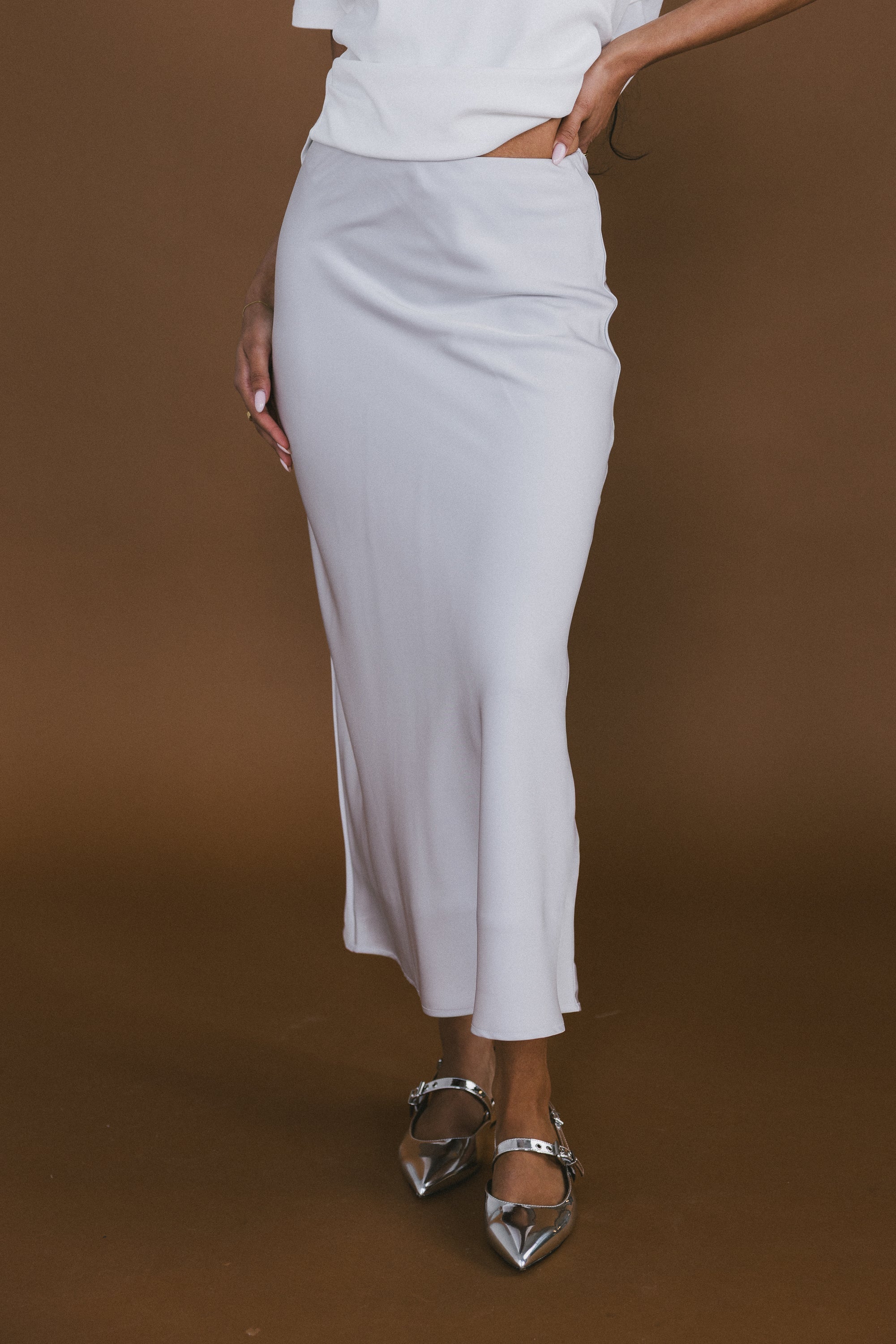 Tory Satin Maxi Skirt in Silver