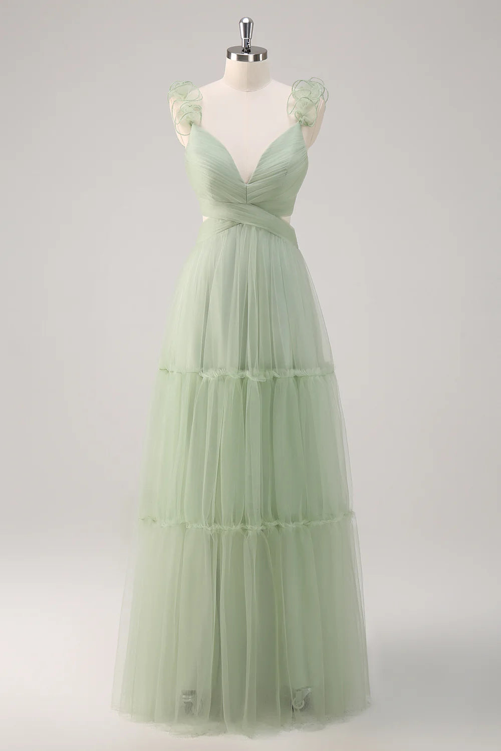 Dusty Sage A Line V Neck Ruched Hollow Out Long Bridesmaid Dress with Open Back