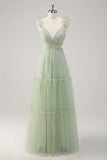 Dusty Sage A Line V Neck Ruched Hollow Out Long Bridesmaid Dress with Open Back