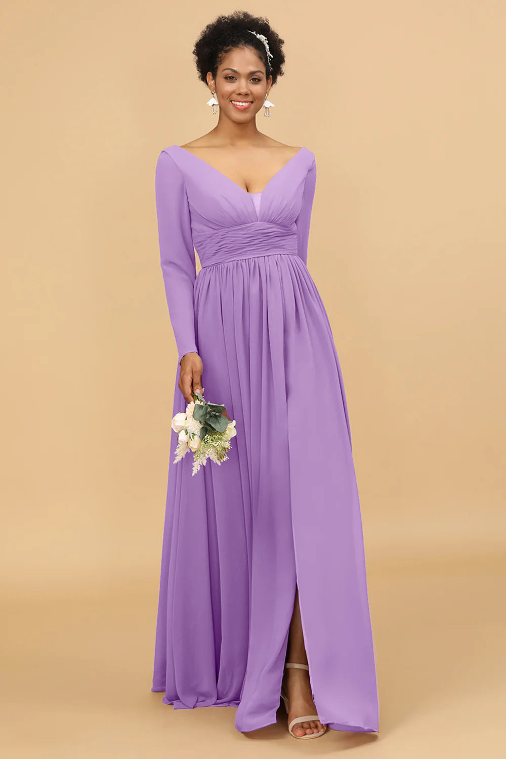 A Line V Neck Long Sleeves Chiffon Bridesmaid Dress with Slit