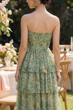 A Line Strapless Dusty Green Floral Wedding Guest Dress with Slit