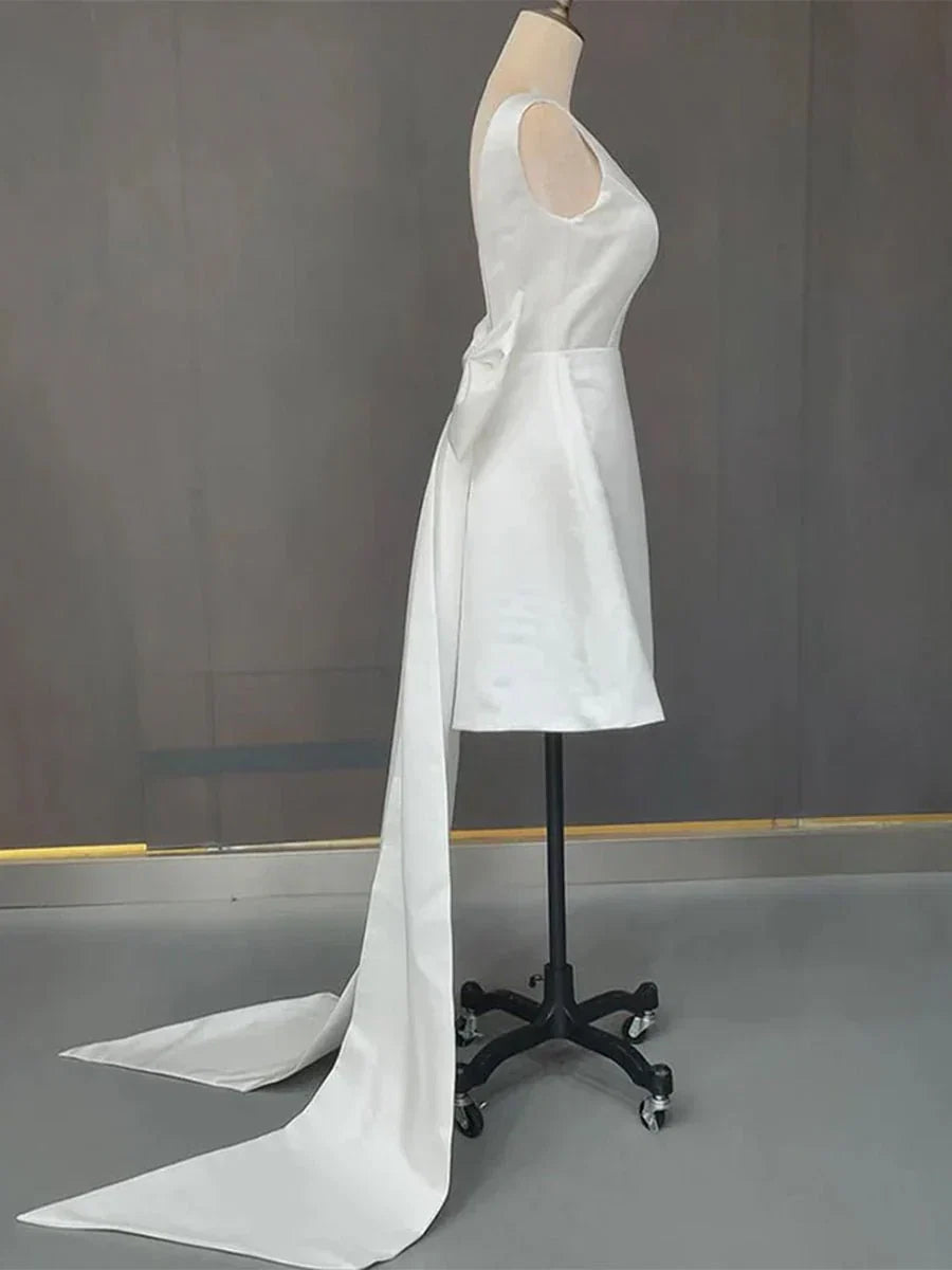 A Line Satin V Neck Short Wedding Dress with Large Bow