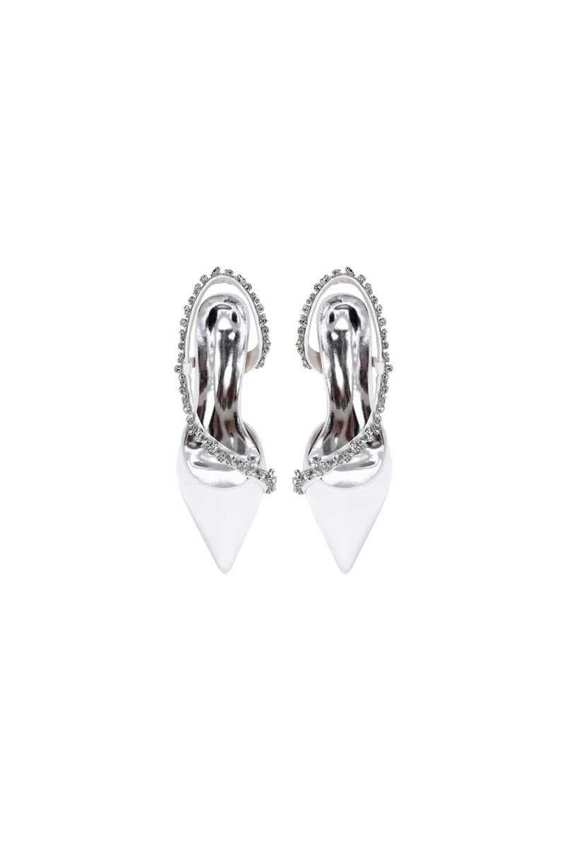 White Satin High Heels with Crystal Embellishments