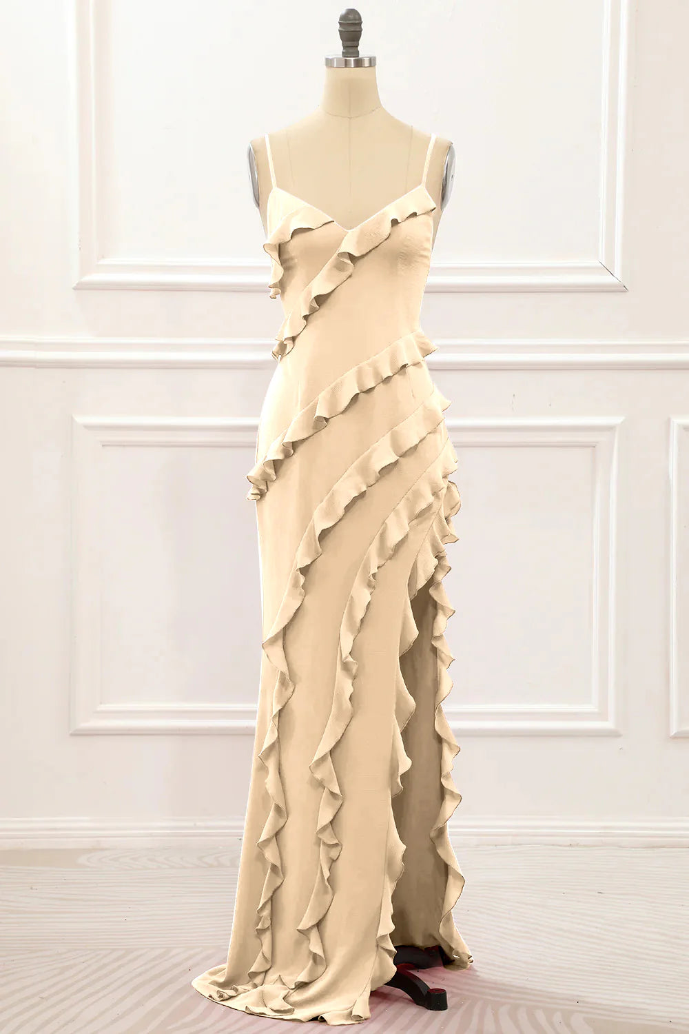 Spaghetti Straps Jade Tiered Mermaid Bridesmaid Dress With Slit