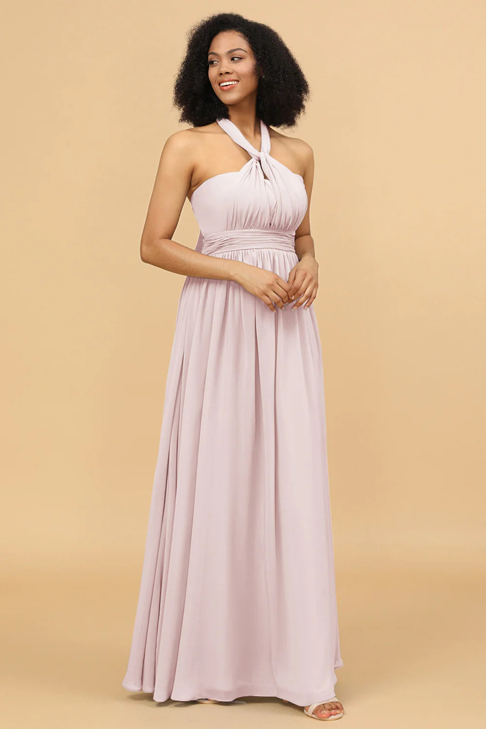A Line One Shoulder V Neck Halter Neck Floor Length Grey Blue Bridesmaid Dress