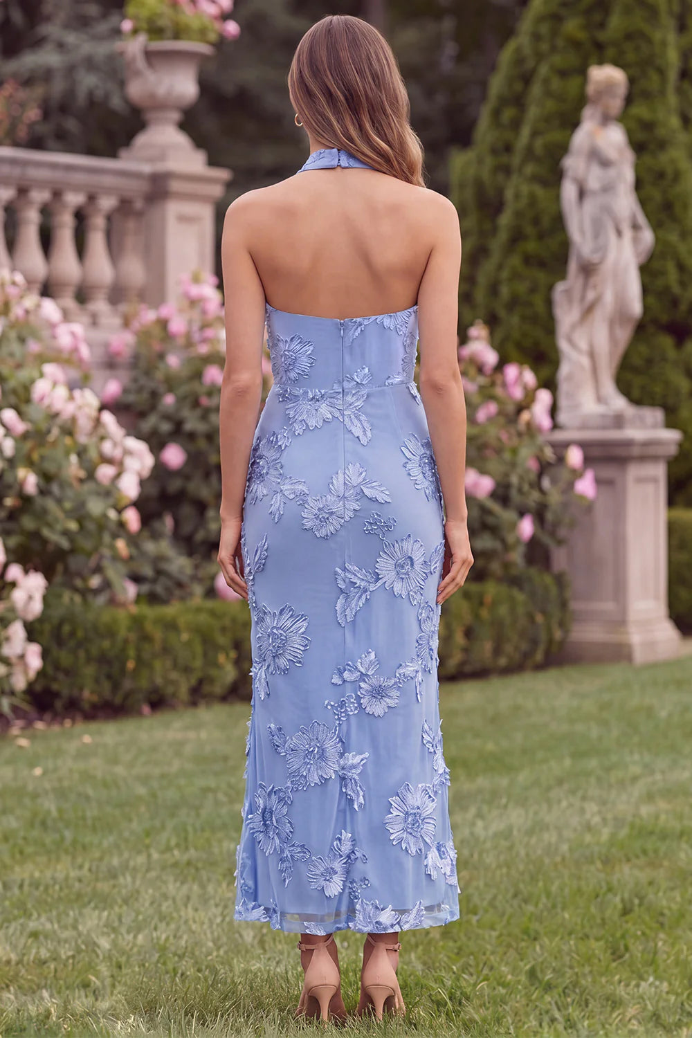 Halter Sage Mermaid Floral Wedding Guest Dress with Scarf