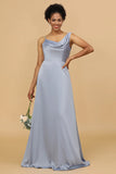 A Line Asymmetrical Neck Satin Floor Length Bridesmaid Dress