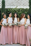 2 Piece Lace and Chiffon Long Beach Bridesmaid Dresses