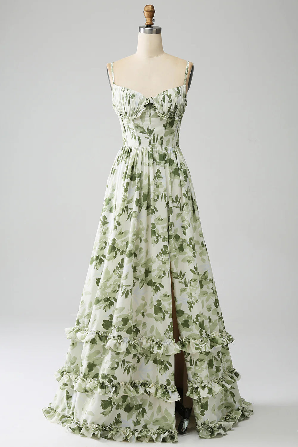 Green A Line Spaghetti Straps Printed Floral Maxi Dress With Slit