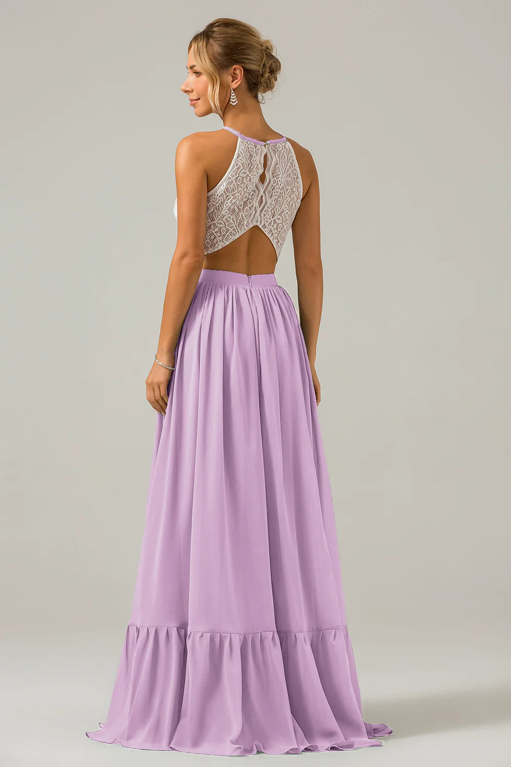 A Line Halter Pleated Keyhole Chiffon Bridesmaid Dress With Lace