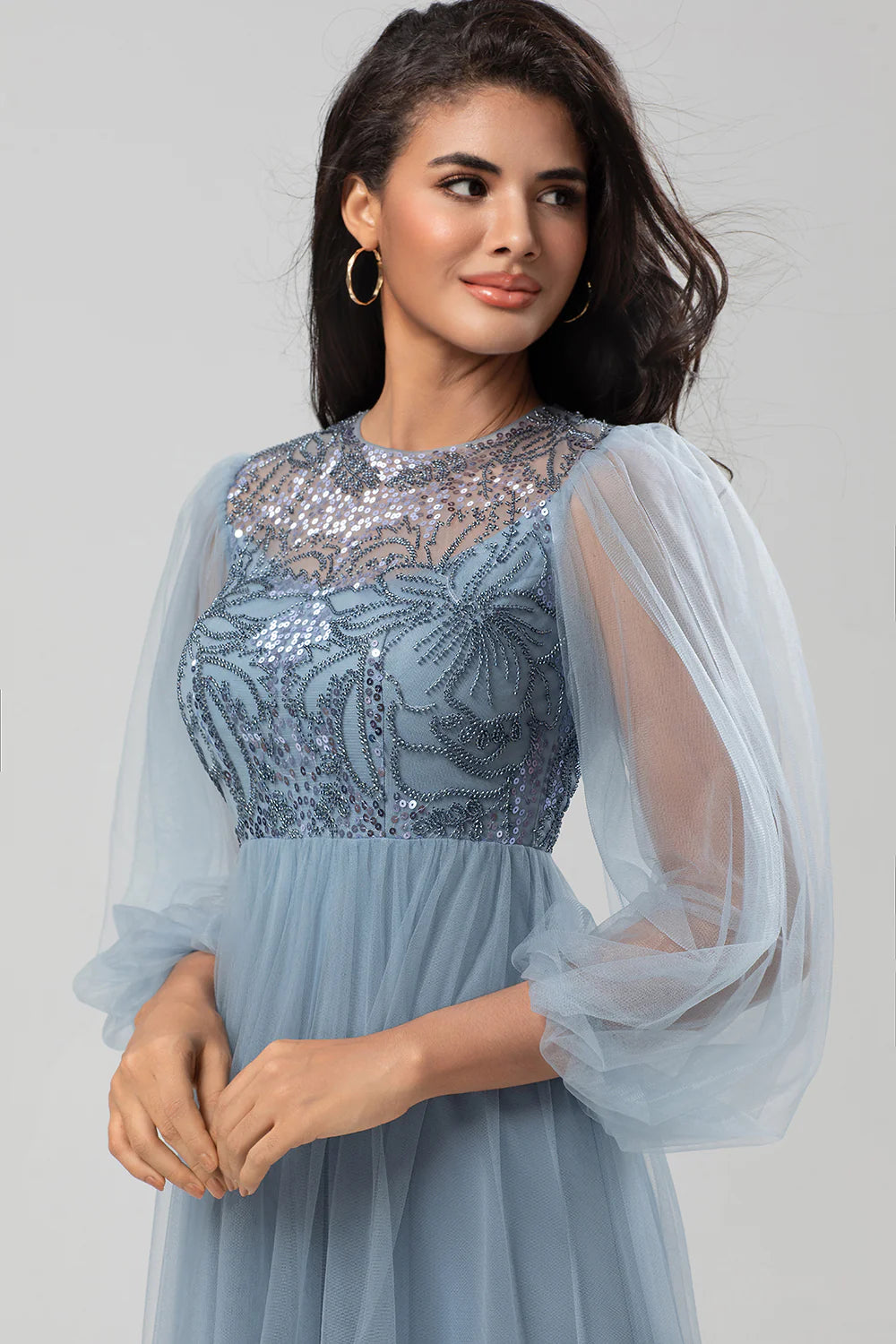 A Line Tulle Beaded Dusty Blue Bridesmaid Dress With Long Sleeves