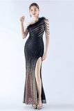 Glitter Black Bodycon Beaded Feather One Shoulder Evening Dress With Slit
