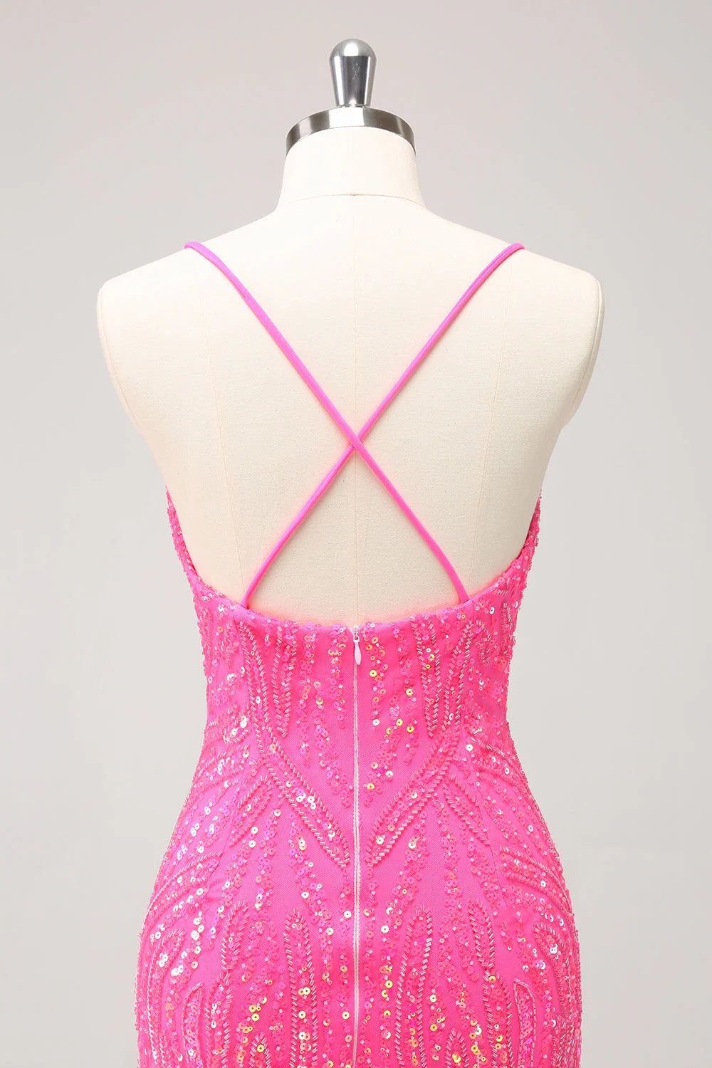Unique Glitter Hot Pink Spaghetti Straps Sequin Tight Homecoming Dress with Tassel