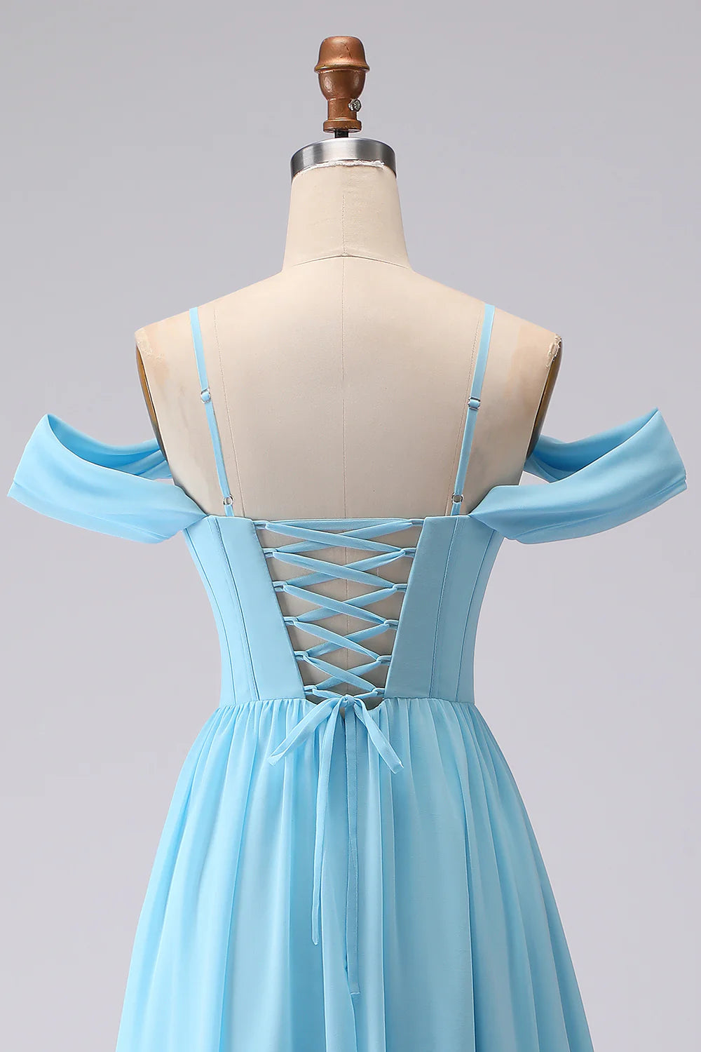 Cold Shoulder Sky Blue A Line Corset Long Bridesmaid Dress with Slit