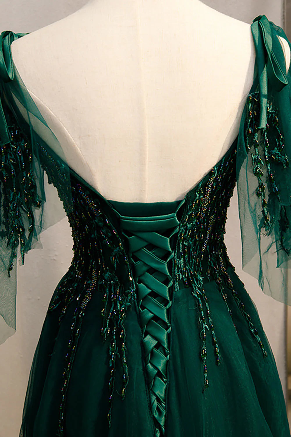 Dark Green A Line Spaghetti Straps Prom Dress with Beading