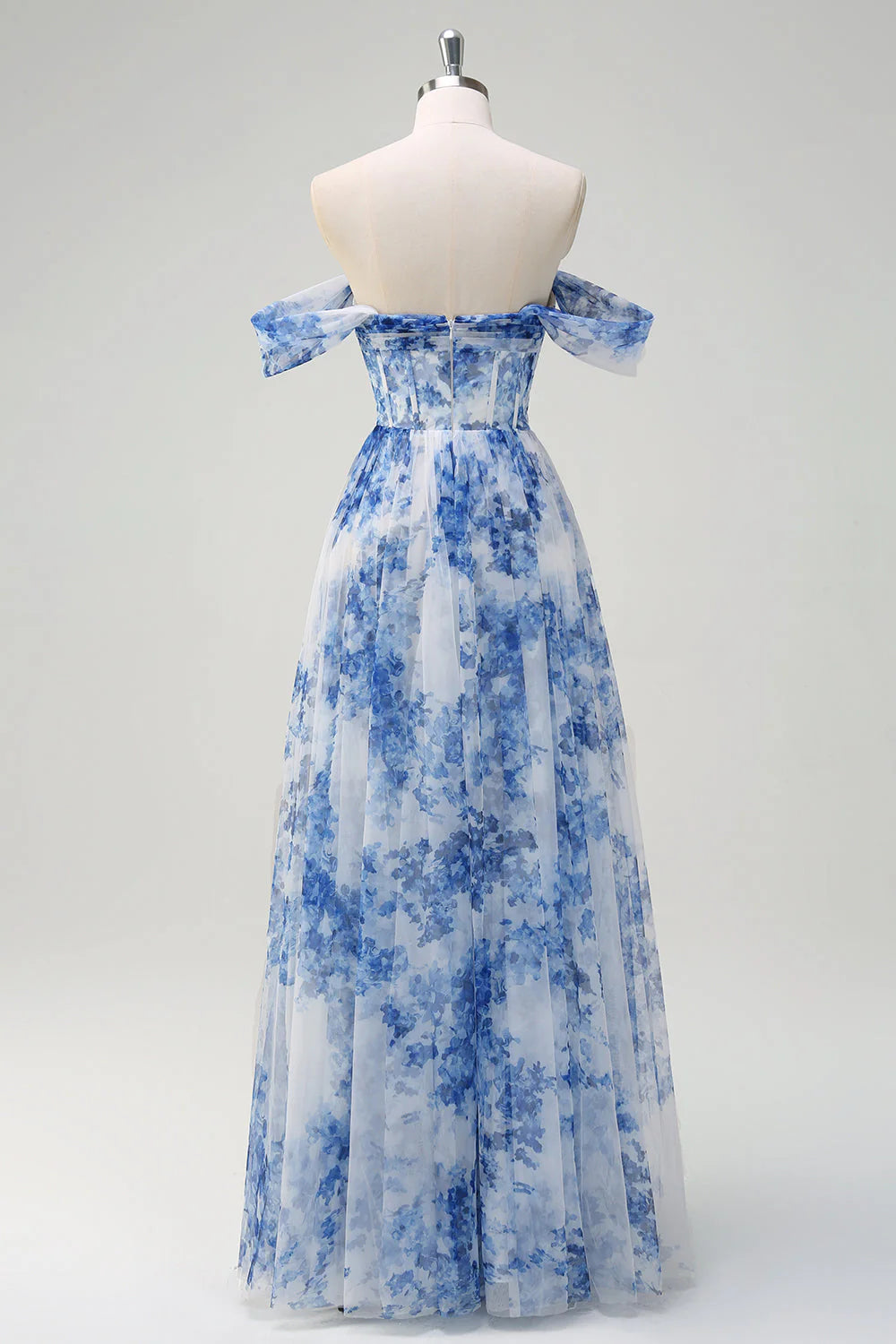 White Blue Flower A Line Off the Shoulder Ruched Corset Maxi Dress with Slit