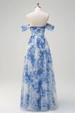 White Blue Flower A Line Off the Shoulder Ruched Corset Maxi Dress with Slit