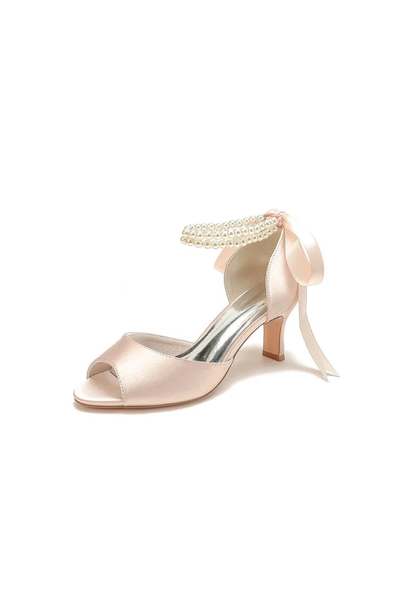 Chic White Satin Heels Featuring a Pearl Embellished Bow