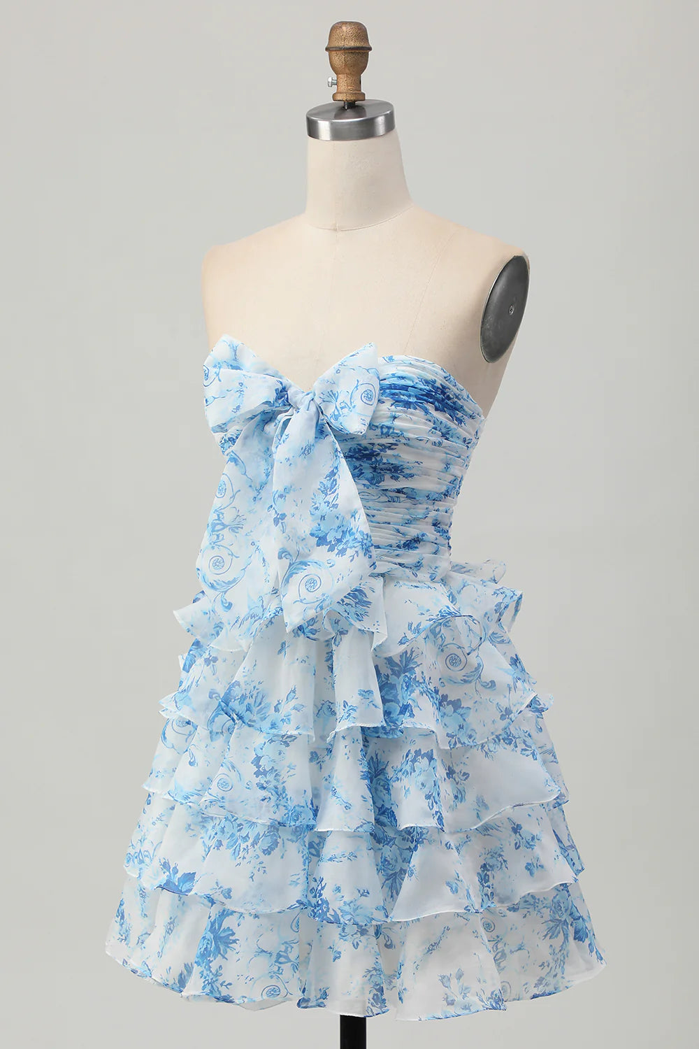 Strapless Pink Flower A line Tiered Short Homecoming Dress with Bow