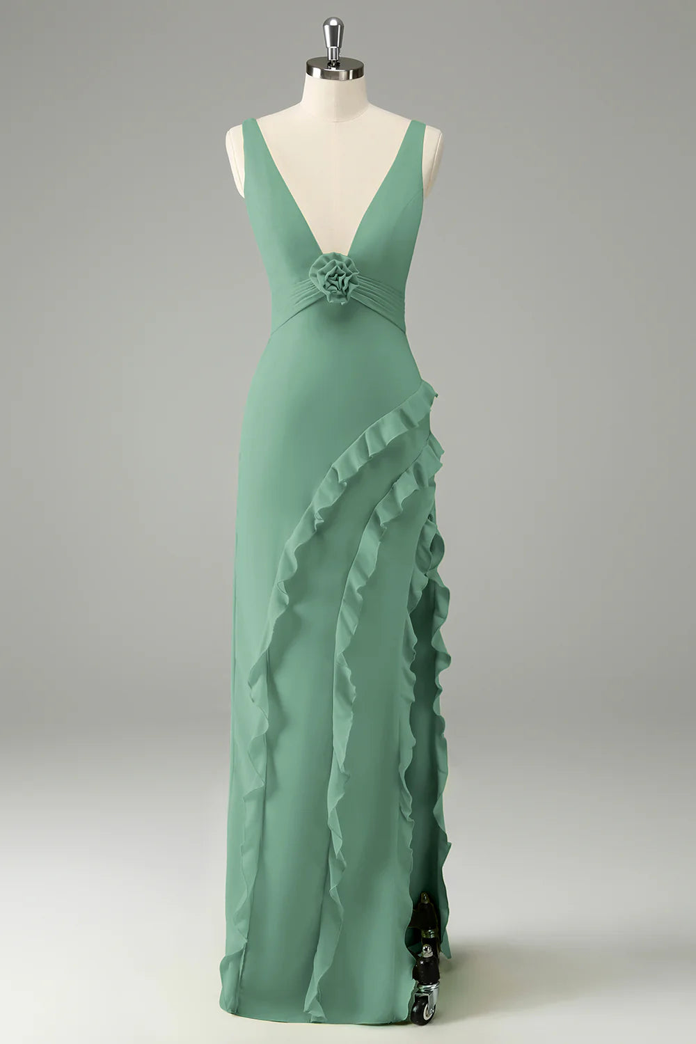 Lime A Line V Neck Floral Ruffle Open Back Bridesmaid Dress with Slit