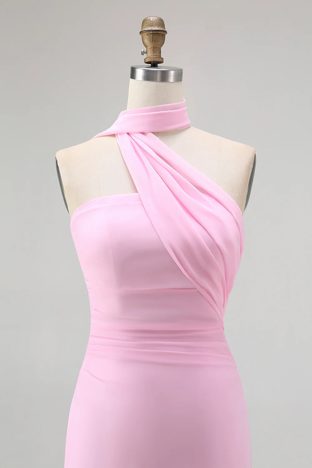 Simple Blush Sheath Backless Halter Chiffon Long Bridesmaid Dress