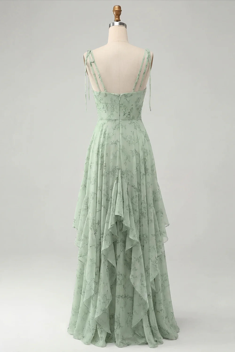 A Line Spaghetti Straps Long Blue Floral Bridesmaid Dress with Ruffles