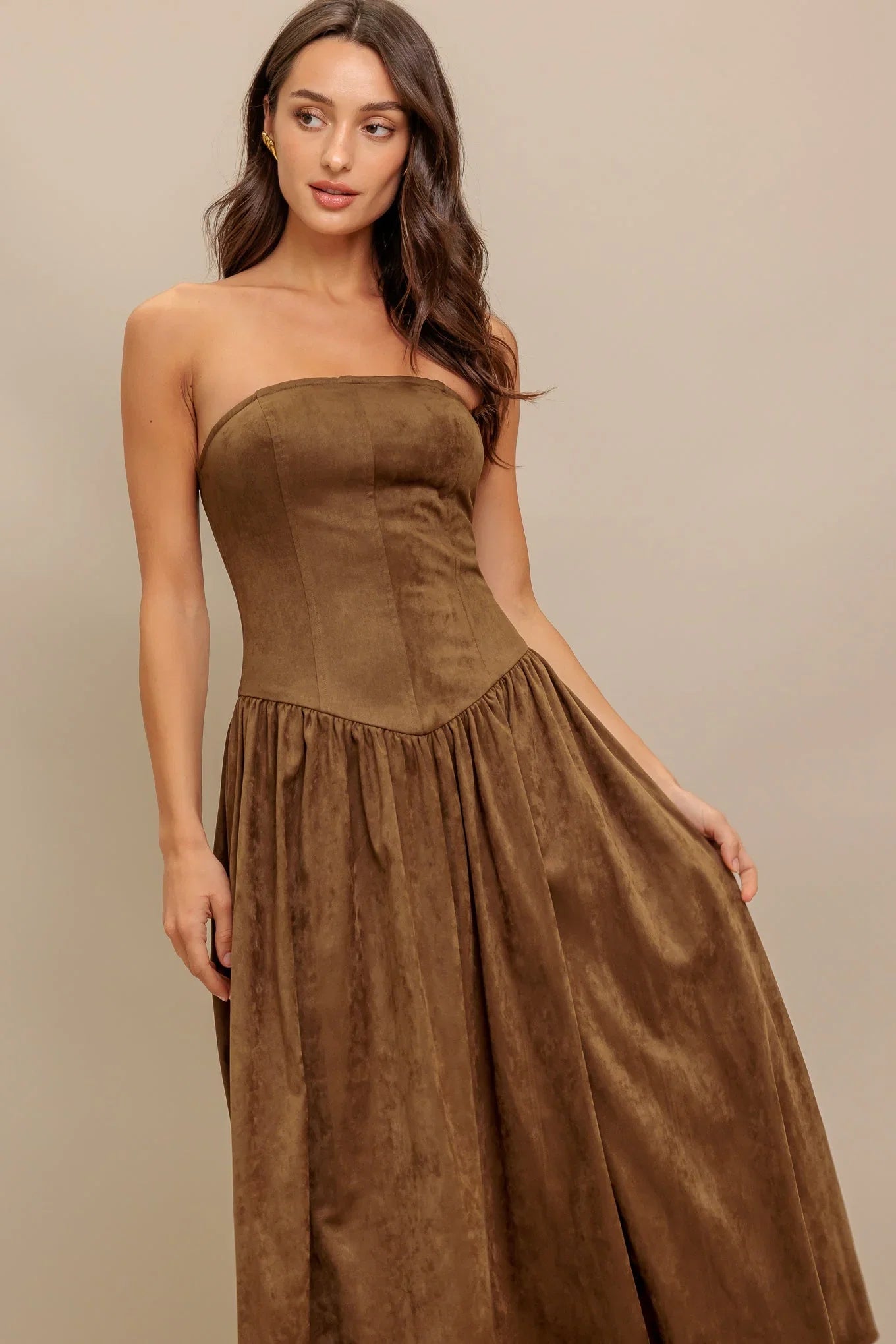WILD ESPRESSO BROWN FAUX SUEDE MIDI DRESS