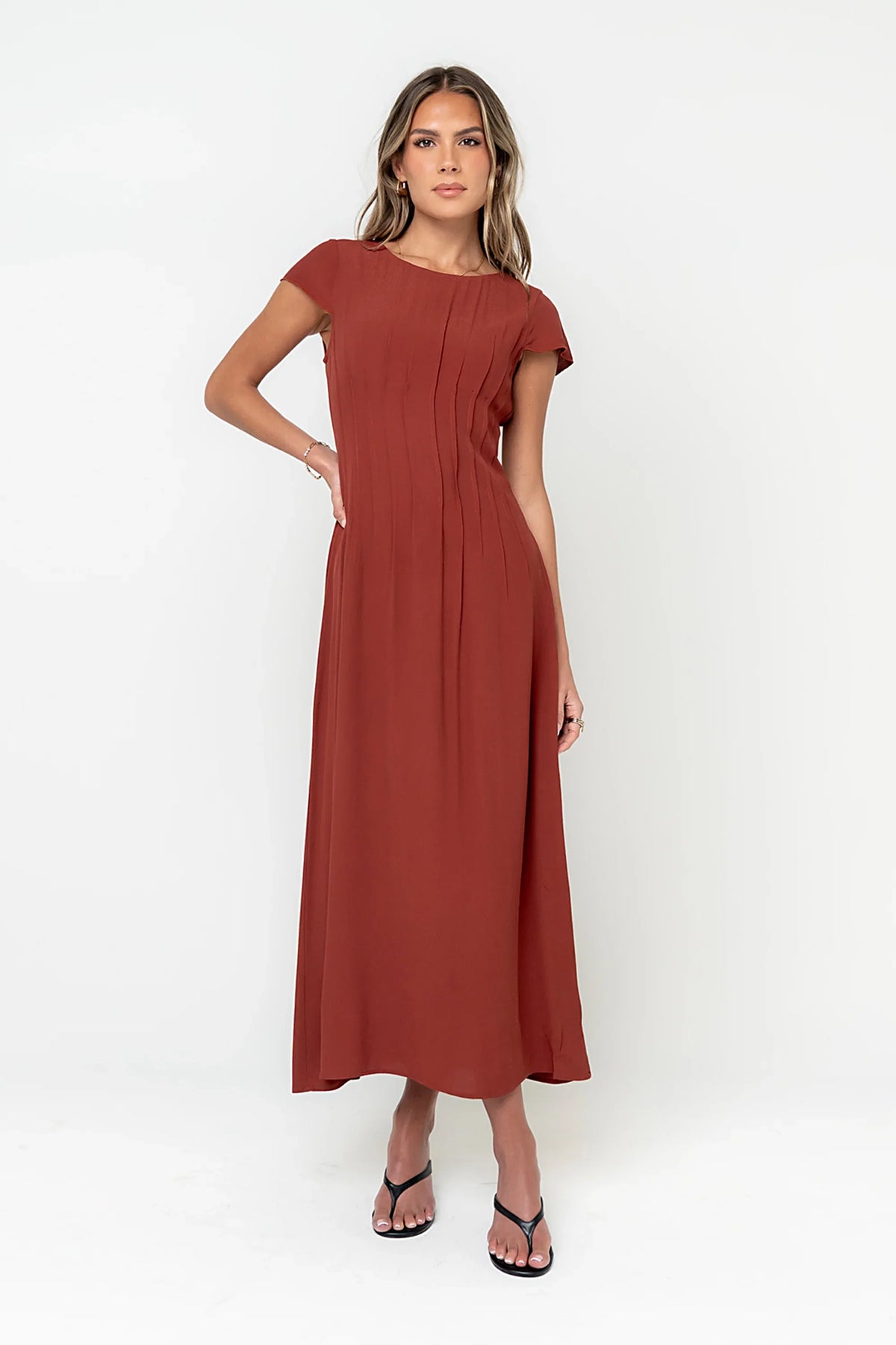 Carolina Pleated Maxi Dress in Brick