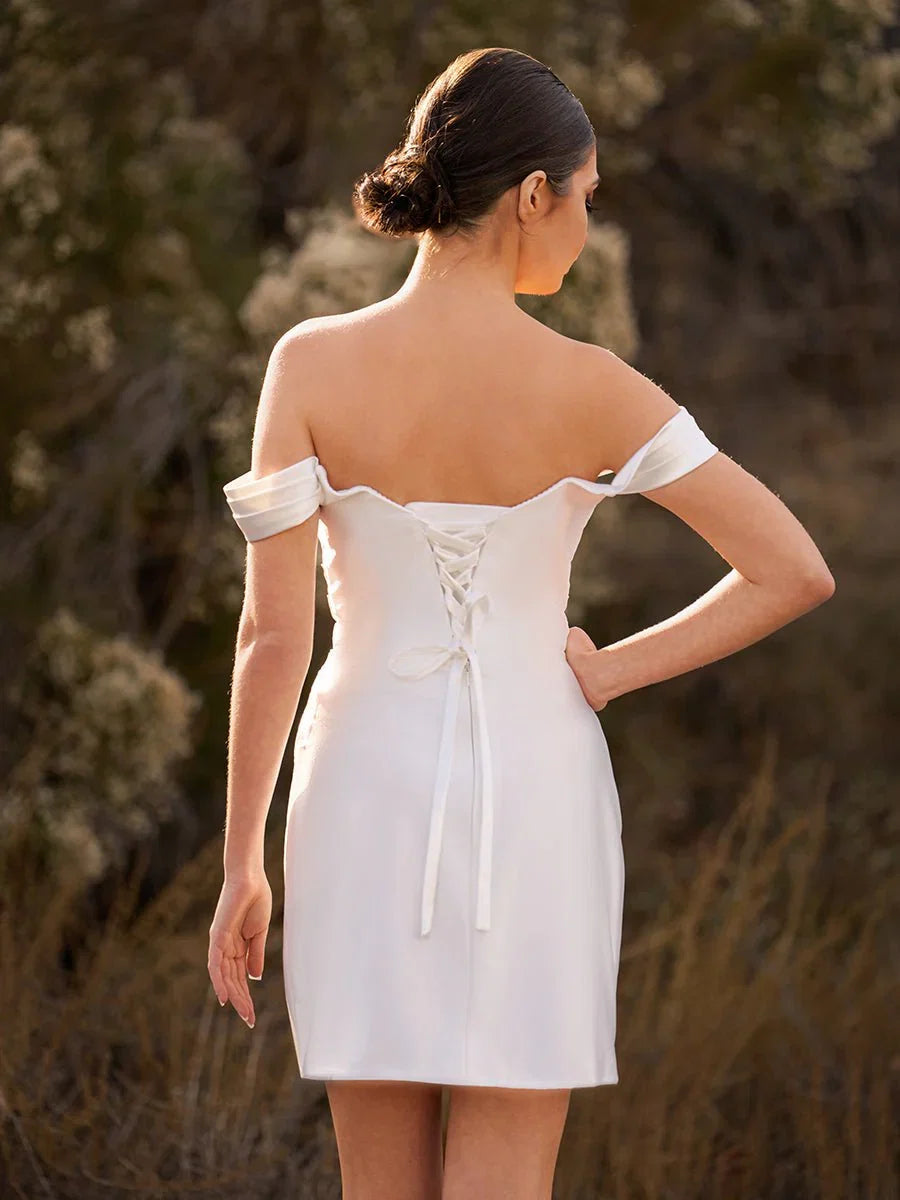 Off the Shoulder Short Satin Cowl Neck Simple Formal Wedding Dress With Slit