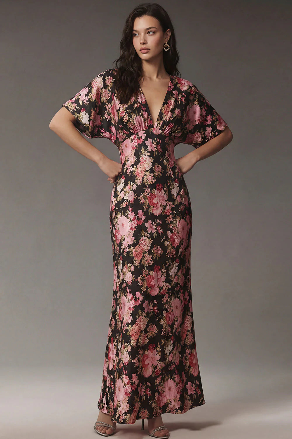 Pink Floral V Neck Wedding Guest Dress with Flutter Sleeves