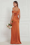 Burnt Orange Asymmetrical Neck Mermaid Ruched Satin Bridesmaid Dress