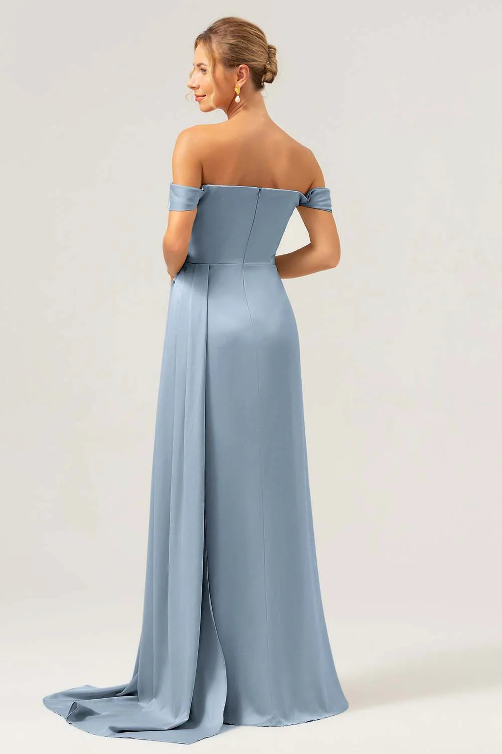 Stylish Dark Green Mermaid Off The Shoulder Pleated Satin Long Bridesmaid Dress with Slit