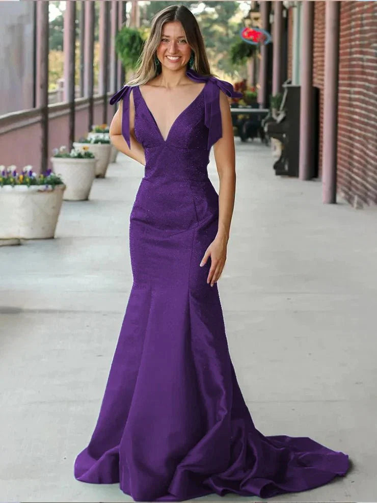 Sky Blue V Neck Mermaid Satin Long Prom Dress With Bow