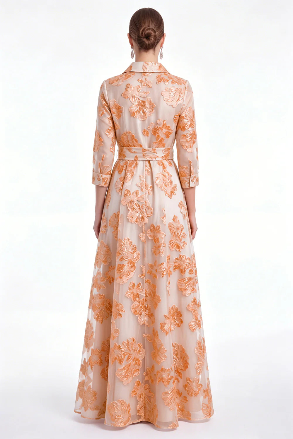 Gold Floral Jacquard A Line Collar Mother of the Bride Dress with 3 4 Sleeves