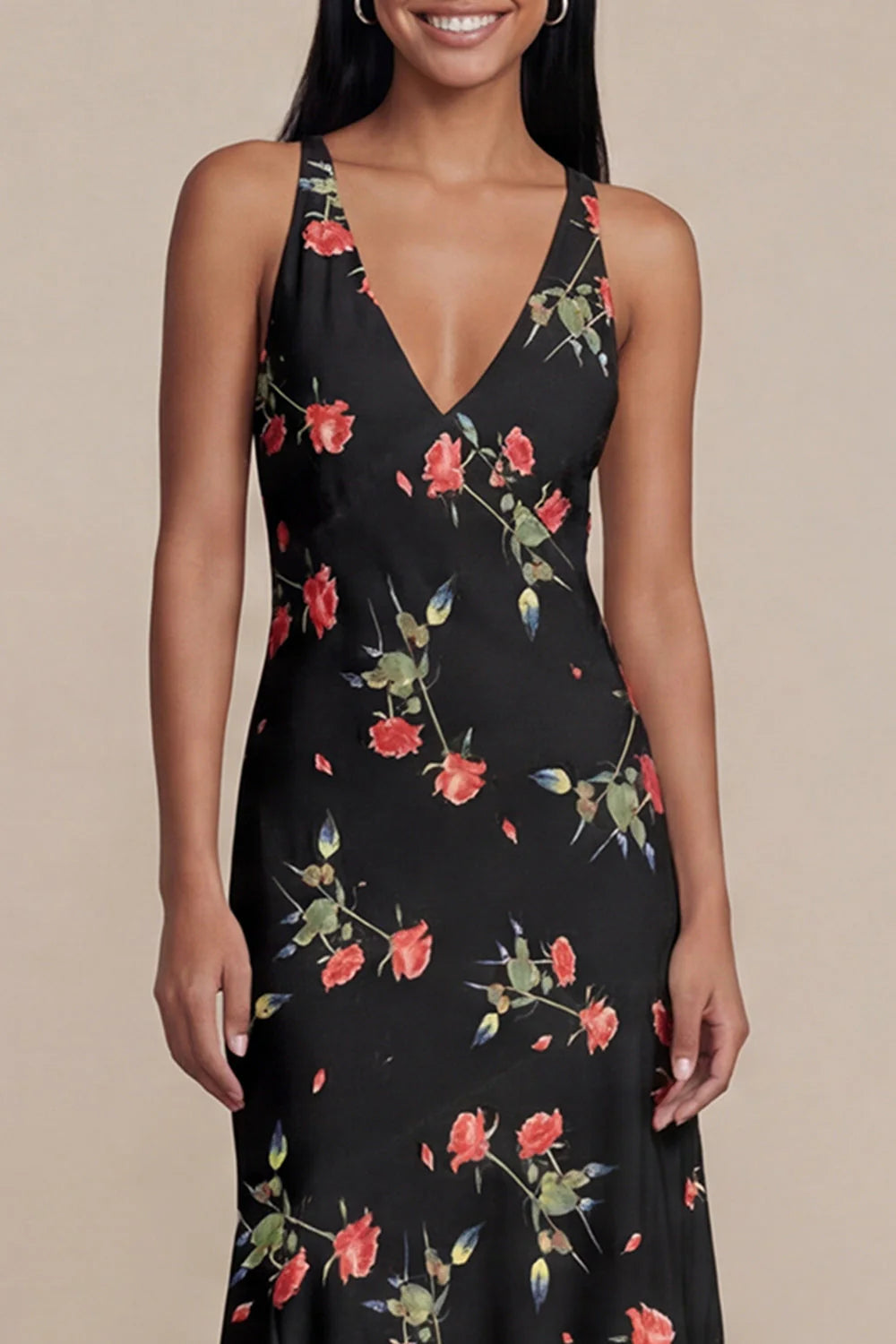 Black Floral Printed A Line V Neck Midi Wedding Guest Dress
