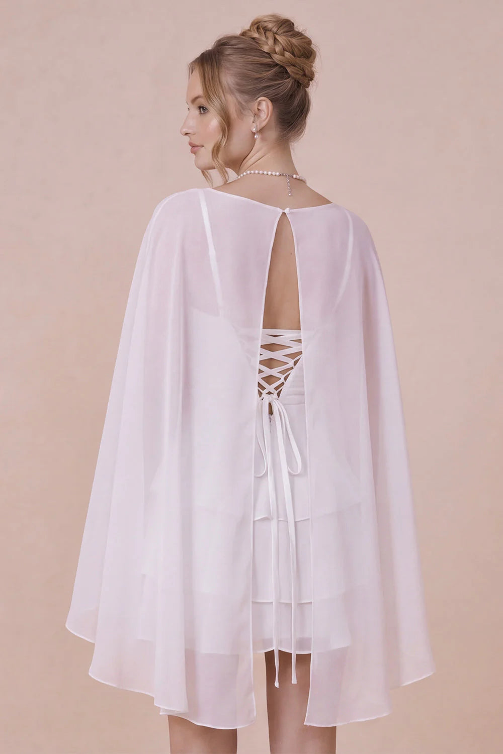 2 Piece White Spaghetti Straps Ruffled Graduation Dress with Cape