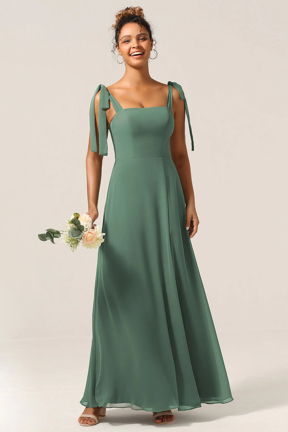 A Line Spaghetti Straps Floor Length Chiffon Bridesmaid Dress with Slit