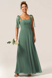 A Line Spaghetti Straps Floor Length Chiffon Bridesmaid Dress with Slit