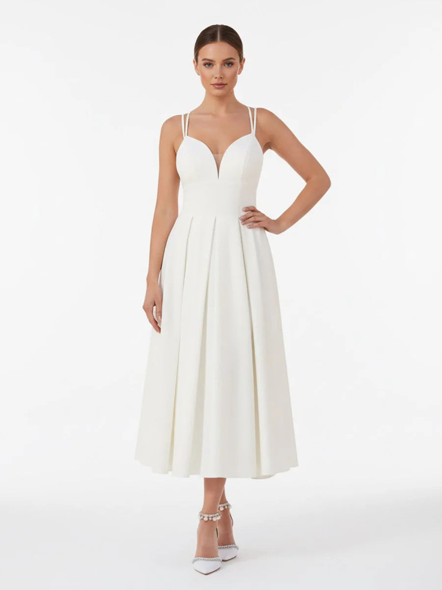 A Line V Neck Sleeveless Satin Knee Length Wedding Dress